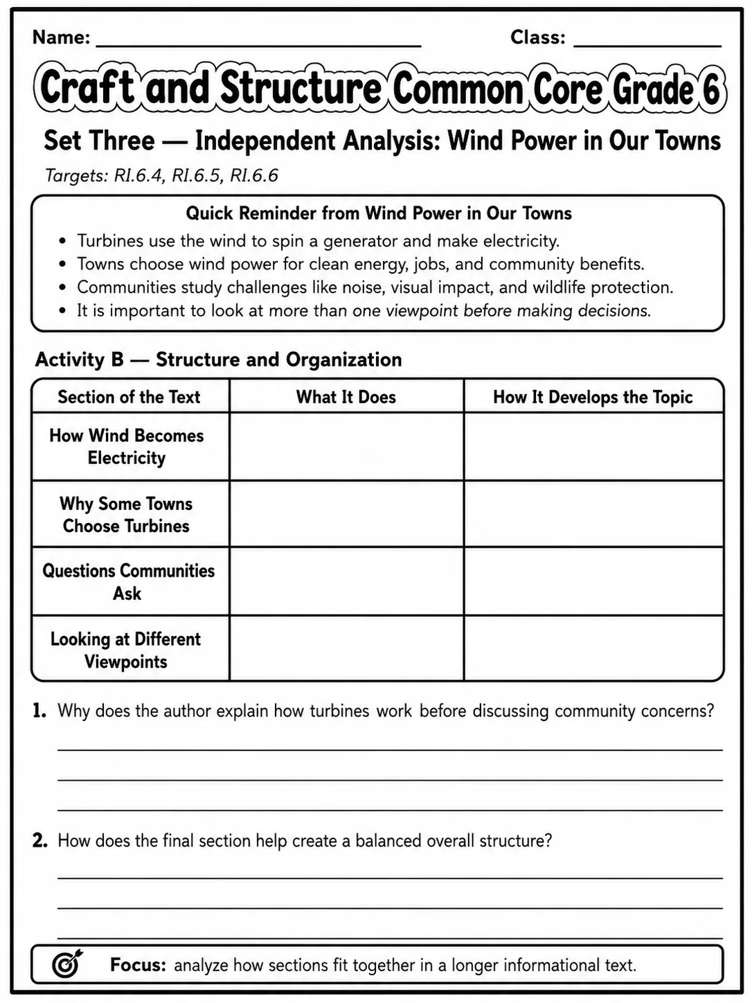 Craft and Structure Common Core Grade 6 page 9 printable Common Core ELA worksheet preview