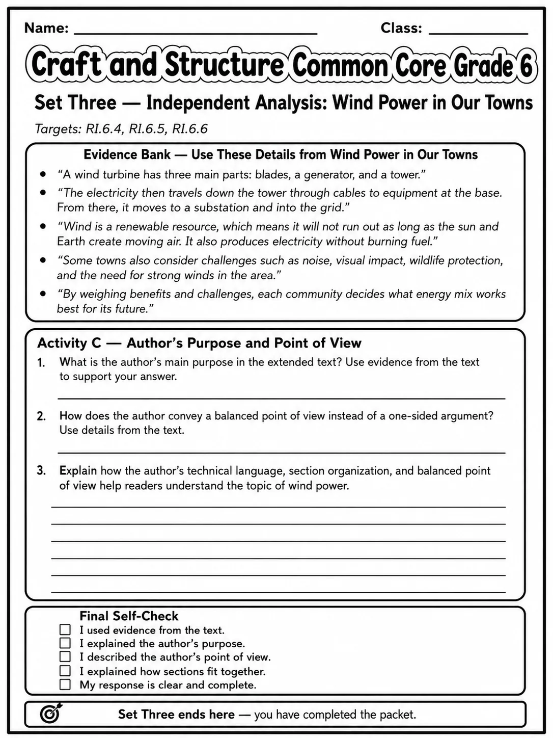 Craft and Structure Common Core Grade 6 page 10 printable Common Core ELA worksheet preview