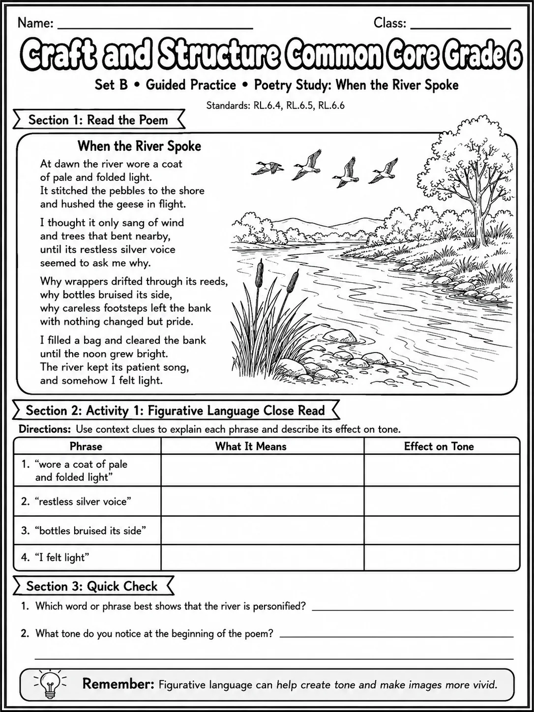 Craft and Structure Common Core Grade 6 page 2 printable Common Core ELA worksheet preview