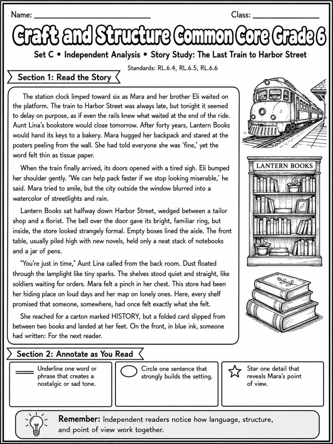 Craft and Structure Common Core Grade 6 page 4 printable Common Core ELA worksheet preview