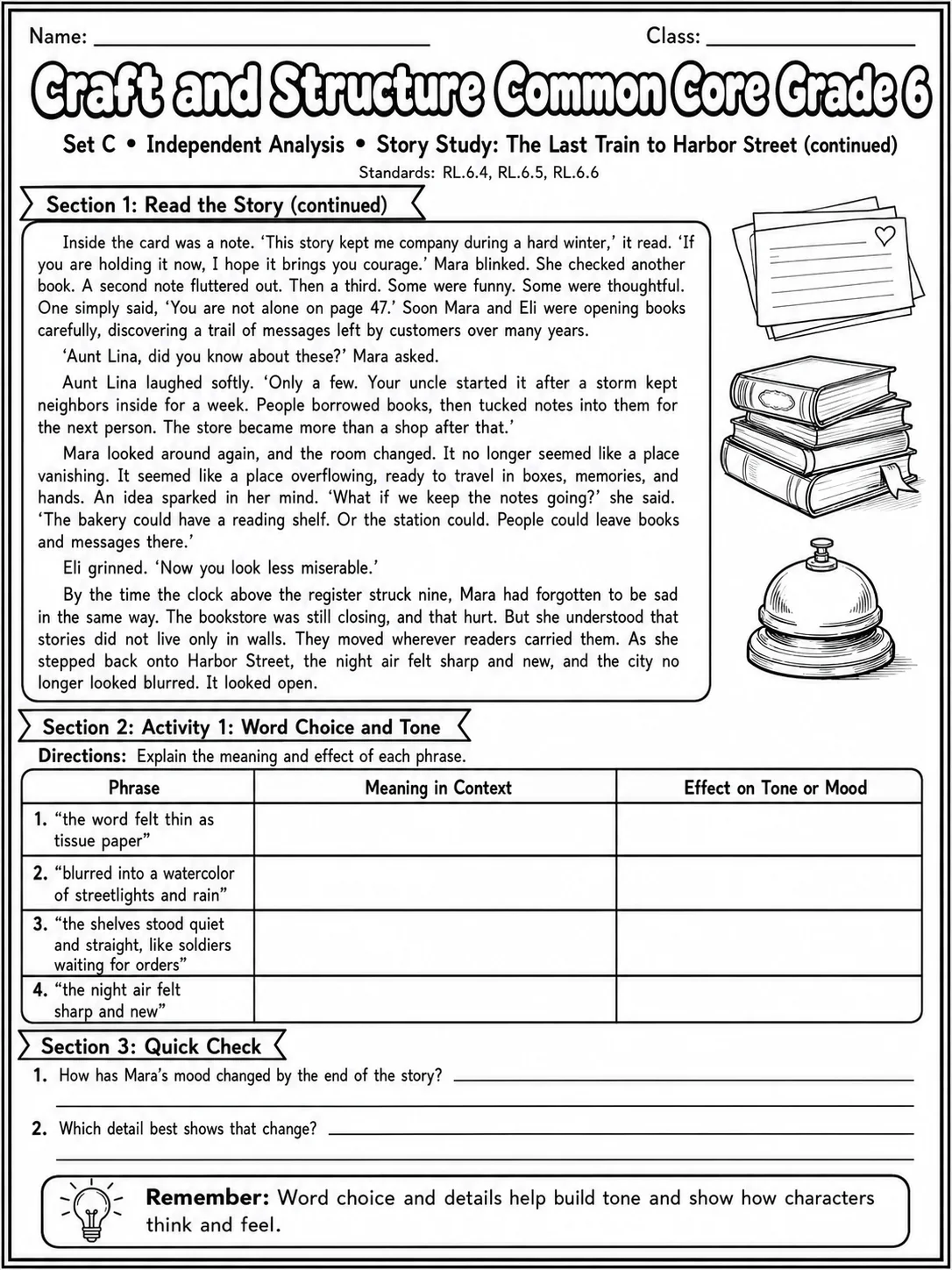 Craft and Structure Common Core Grade 6 page 7 printable Common Core ELA worksheet preview