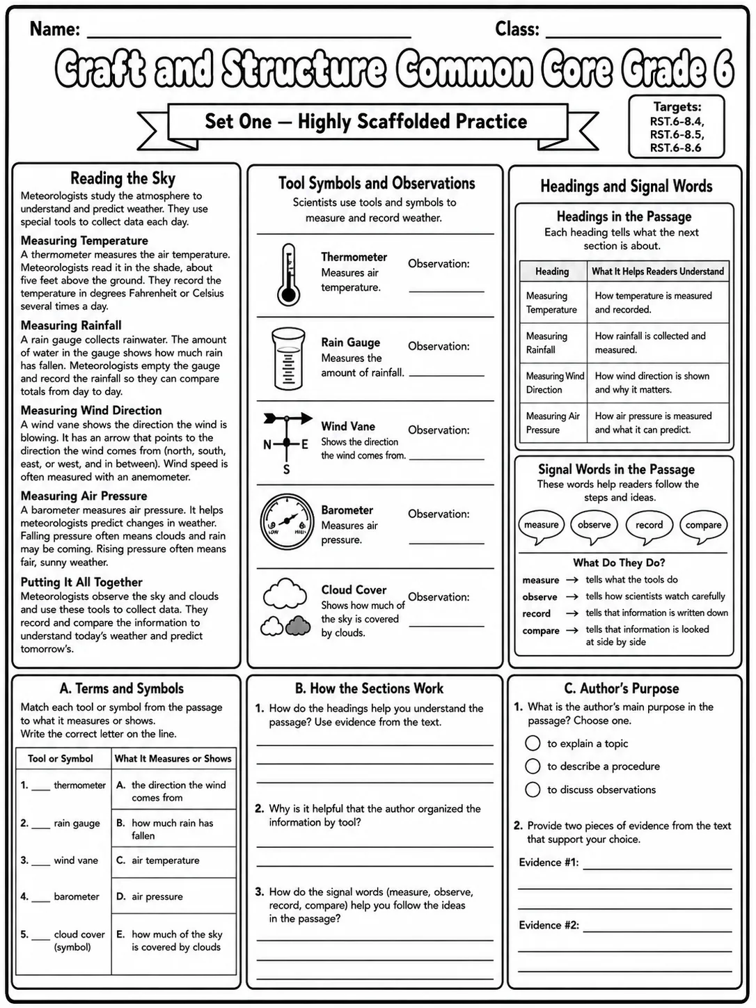 Craft and Structure Common Core Grade 6 page 2 printable Common Core ELA worksheet preview