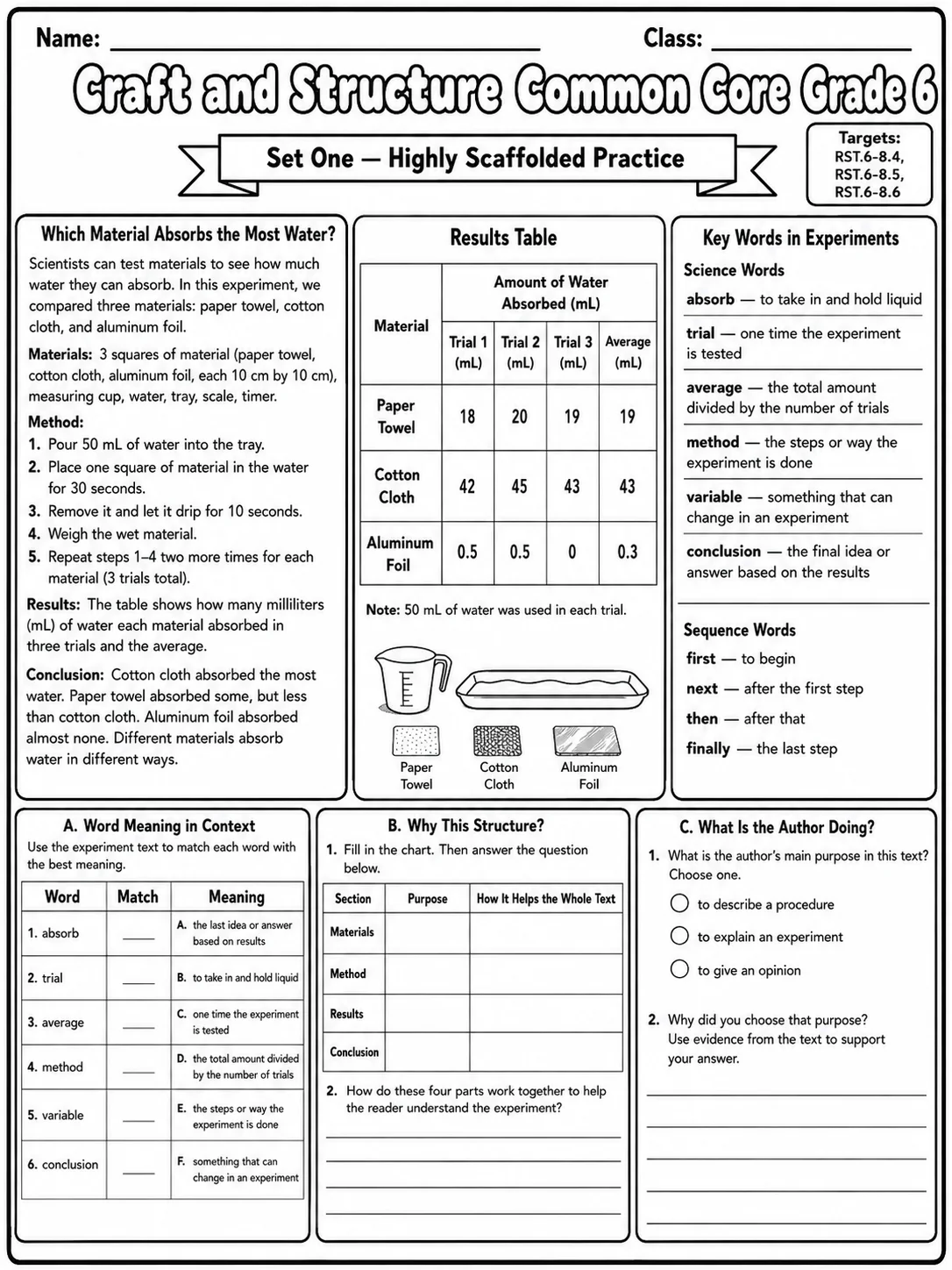 Craft and Structure Common Core Grade 6 page 3 printable Common Core ELA worksheet preview