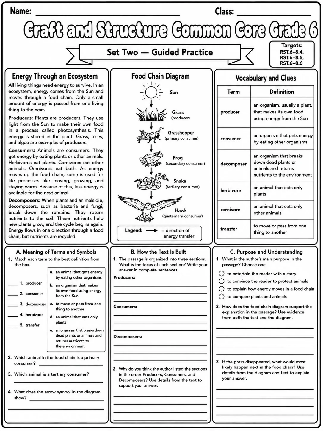 Craft and Structure Common Core Grade 6 page 4 printable Common Core ELA worksheet preview