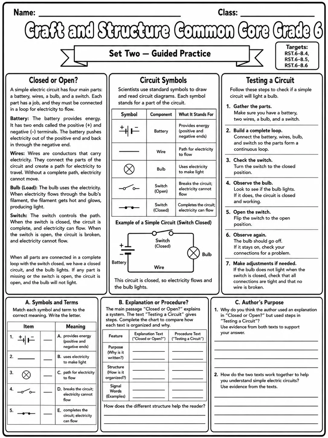 Craft and Structure Common Core Grade 6 page 5 printable Common Core ELA worksheet preview
