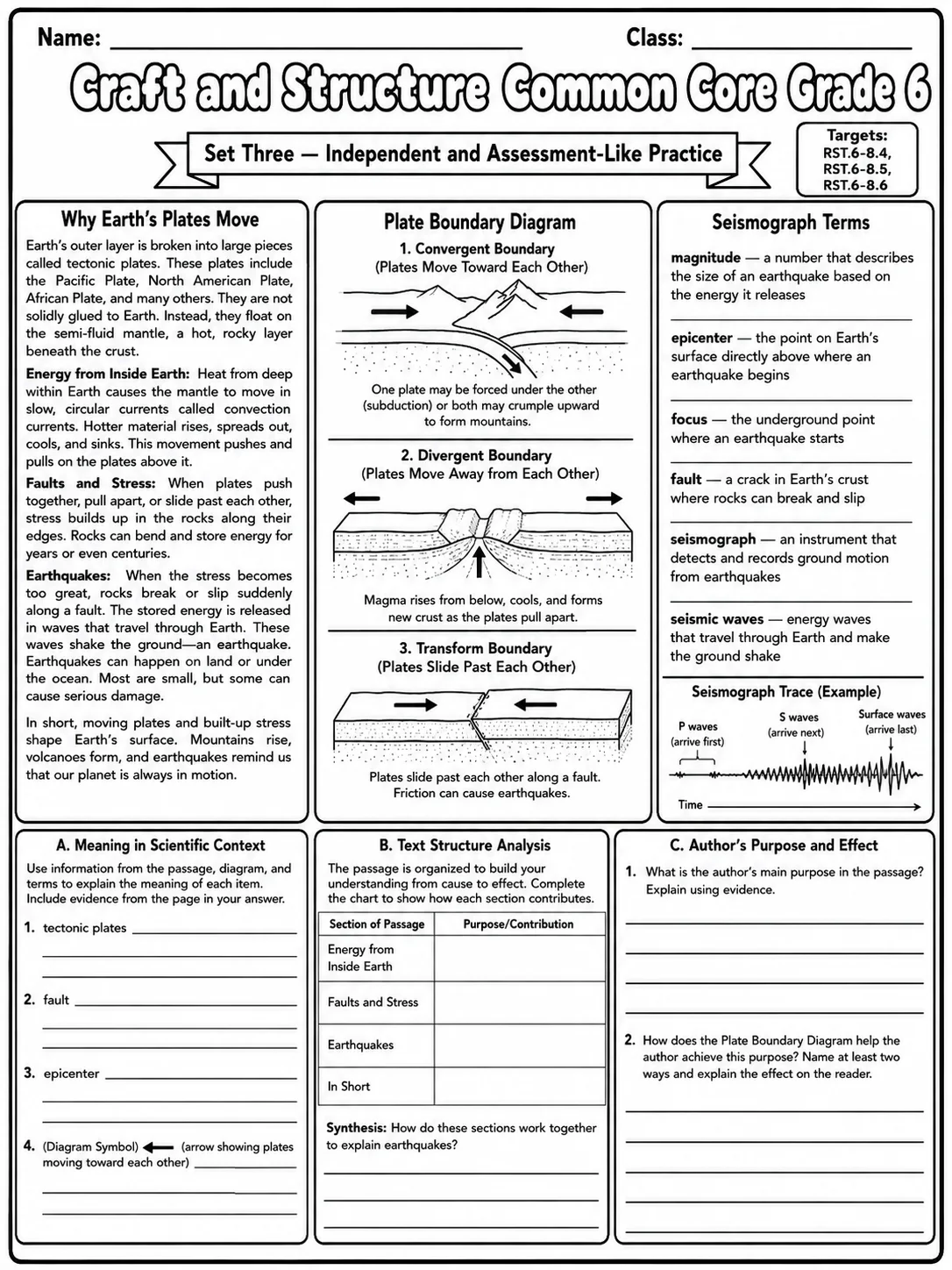 Craft and Structure Common Core Grade 6 page 7 printable Common Core ELA worksheet preview