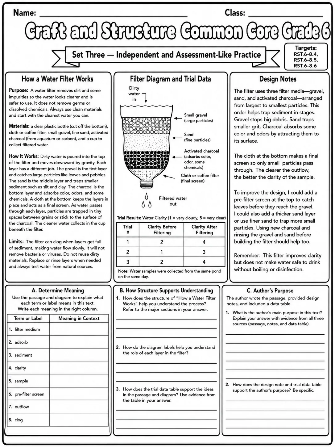 Craft and Structure Common Core Grade 6 page 10 printable Common Core ELA worksheet preview