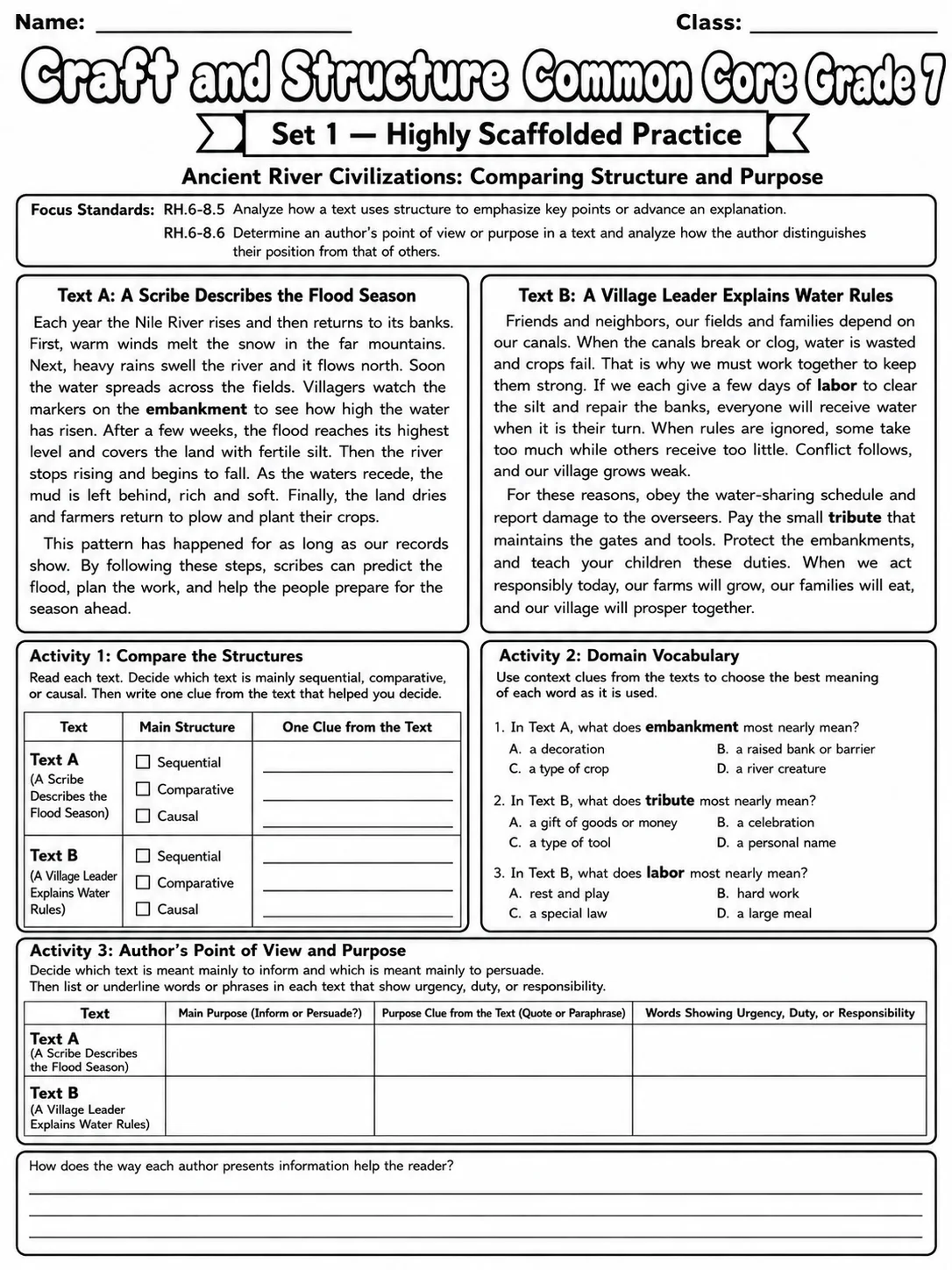 Craft and Structure Common Core Grade 7 page 2 printable Common Core ELA worksheet preview