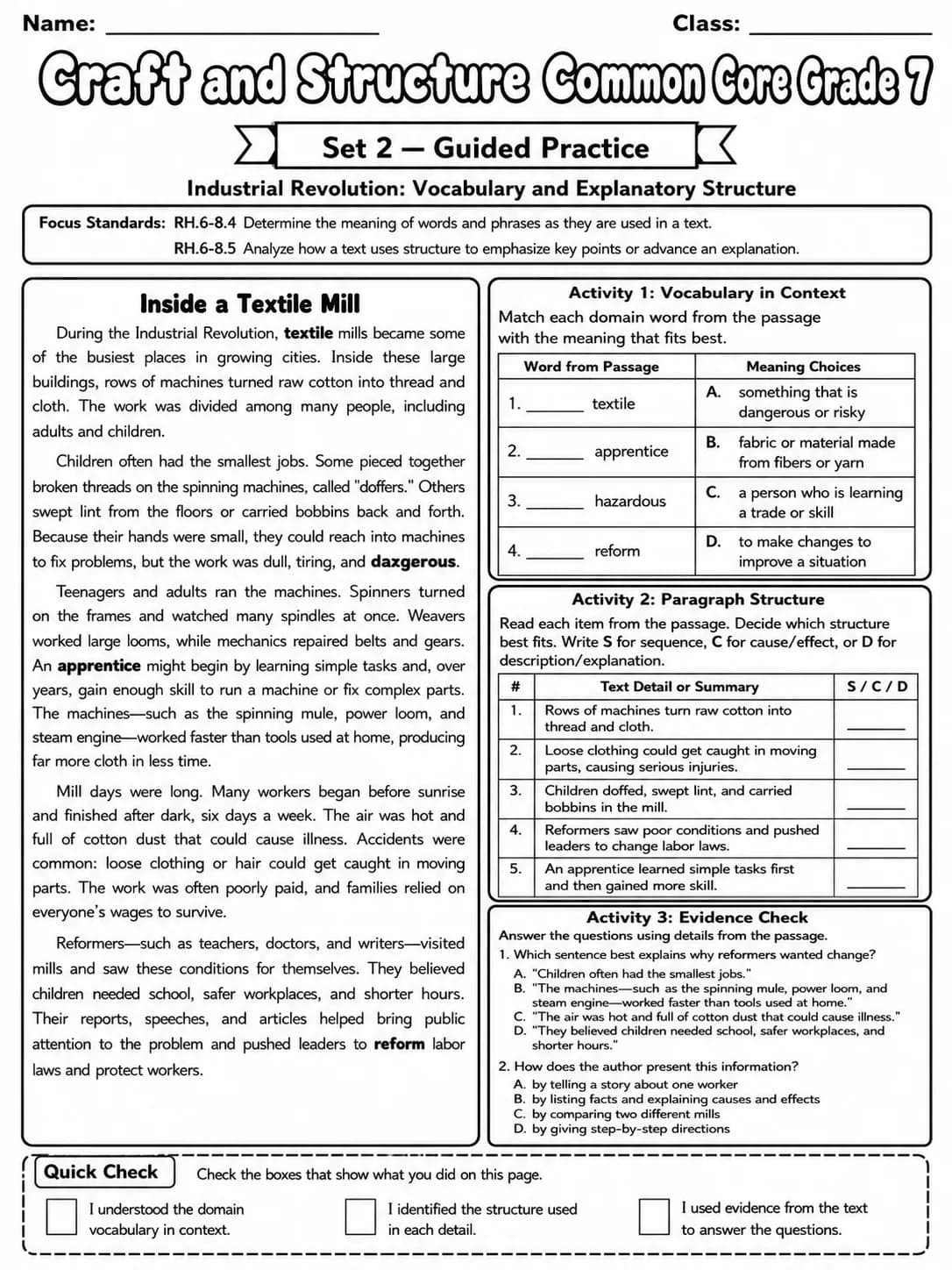 Craft and Structure Common Core Grade 7 page 4 printable Common Core ELA worksheet preview