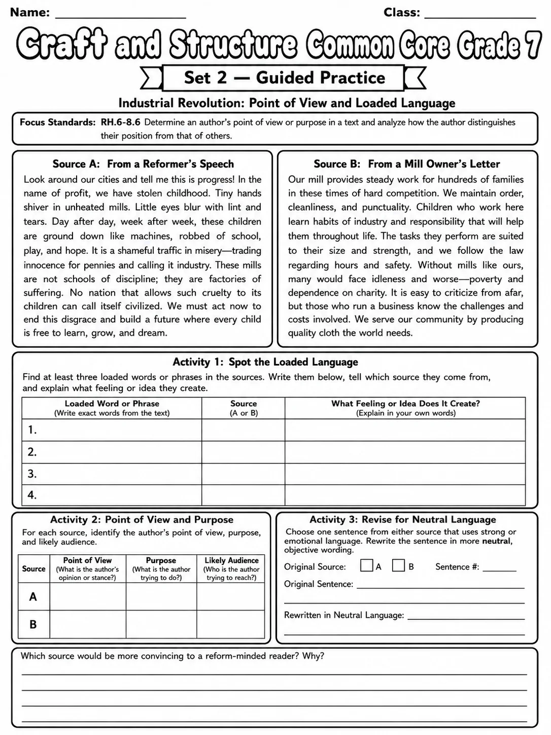 Craft and Structure Common Core Grade 7 page 5 printable Common Core ELA worksheet preview