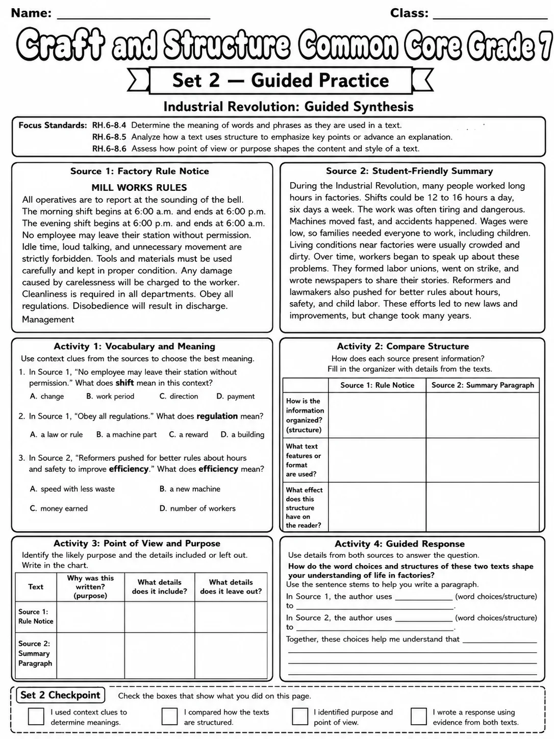 Craft and Structure Common Core Grade 7 page 6 printable Common Core ELA worksheet preview