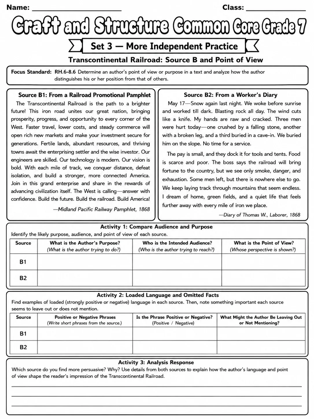 Craft and Structure Common Core Grade 7 page 8 printable Common Core ELA worksheet preview