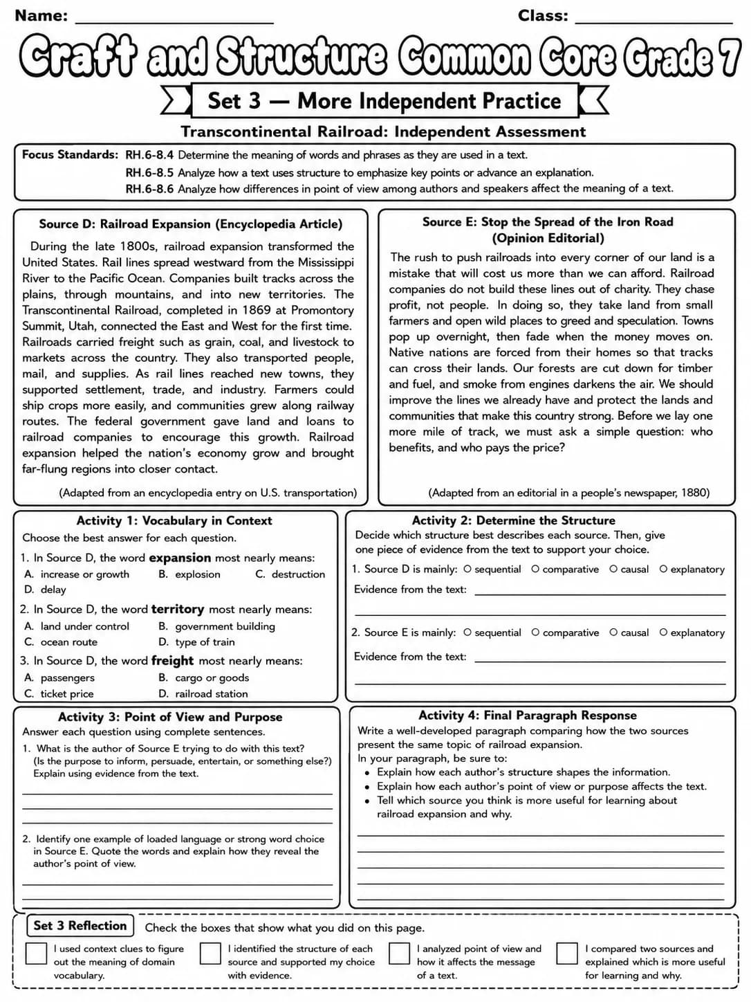 Craft and Structure Common Core Grade 7 page 10 printable Common Core ELA worksheet preview