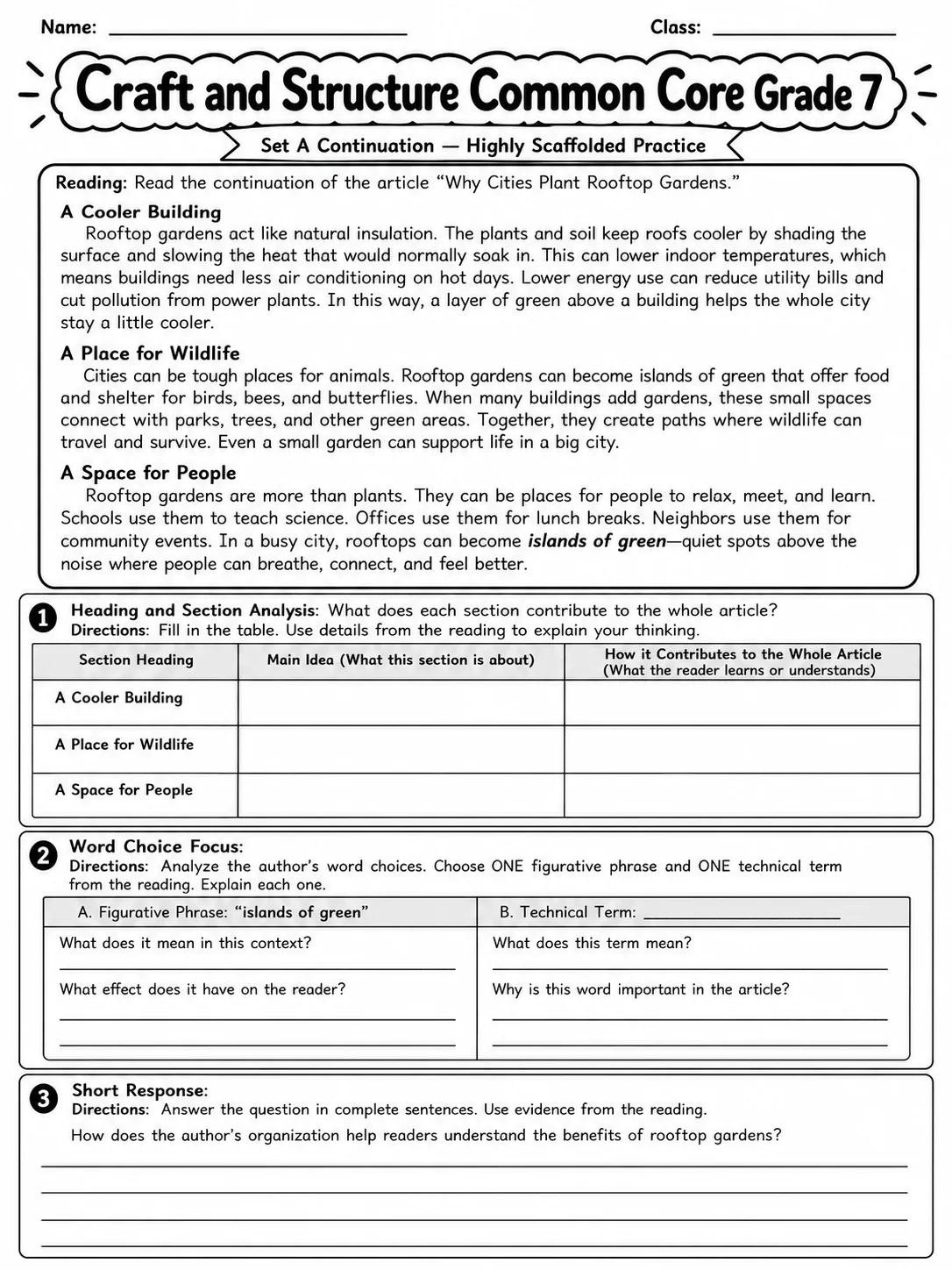 Craft and Structure Common Core Grade 7 page 2 printable Common Core ELA worksheet preview