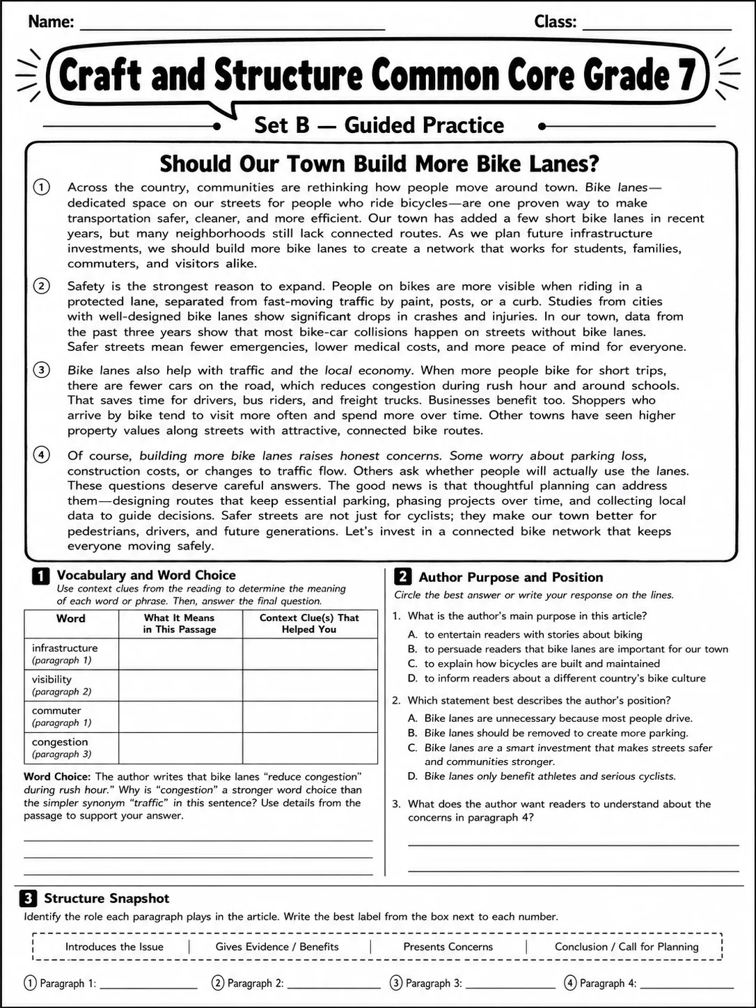 Craft and Structure Common Core Grade 7 page 4 printable Common Core ELA worksheet preview