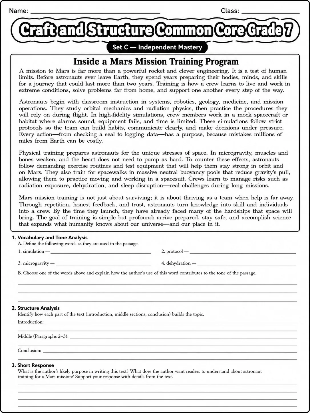 Craft and Structure Common Core Grade 7 page 7 printable Common Core ELA worksheet preview