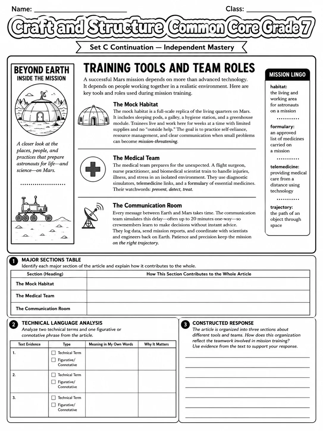 Craft and Structure Common Core Grade 7 page 8 printable Common Core ELA worksheet preview