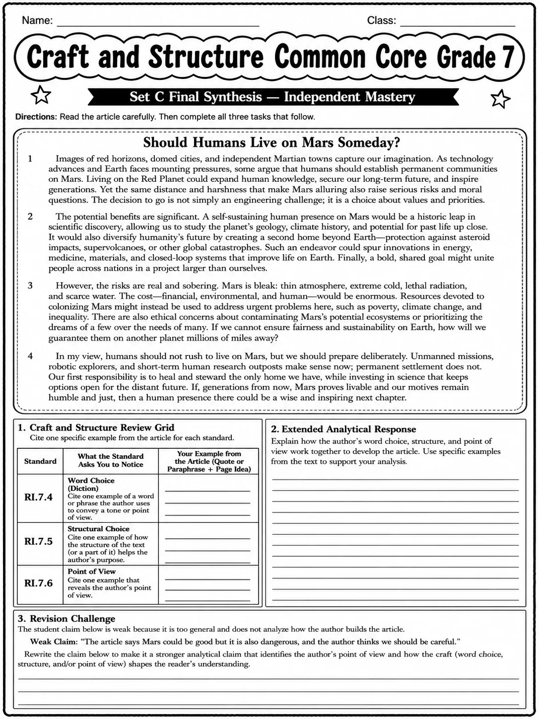 Craft and Structure Common Core Grade 7 page 10 printable Common Core ELA worksheet preview