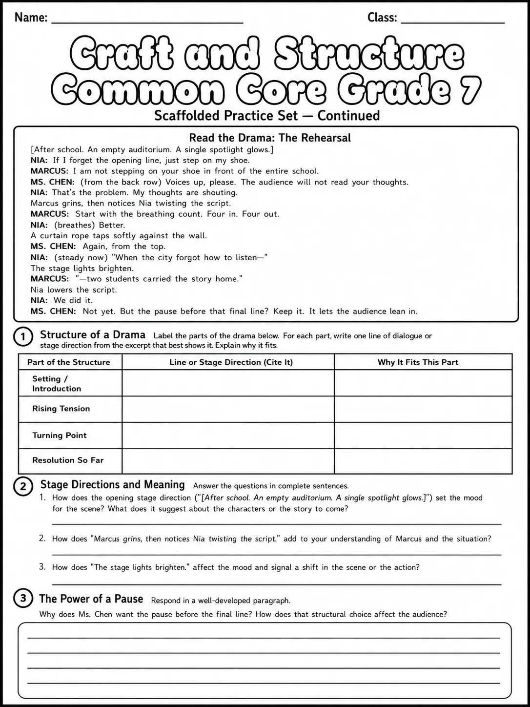 Craft and Structure Common Core Grade 7 page 2 printable Common Core ELA worksheet preview