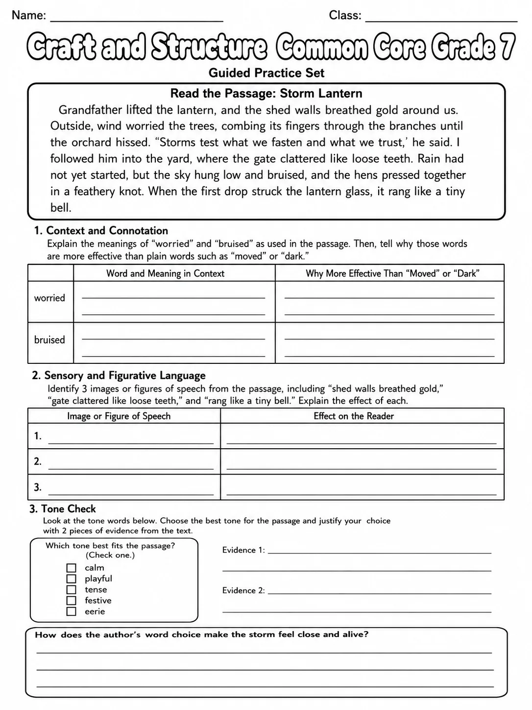 Craft and Structure Common Core Grade 7 page 4 printable Common Core ELA worksheet preview