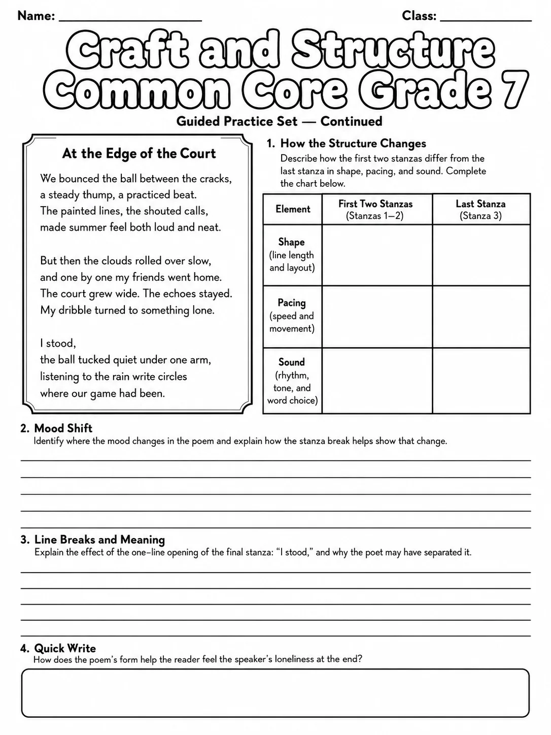 Craft and Structure Common Core Grade 7 page 5 printable Common Core ELA worksheet preview