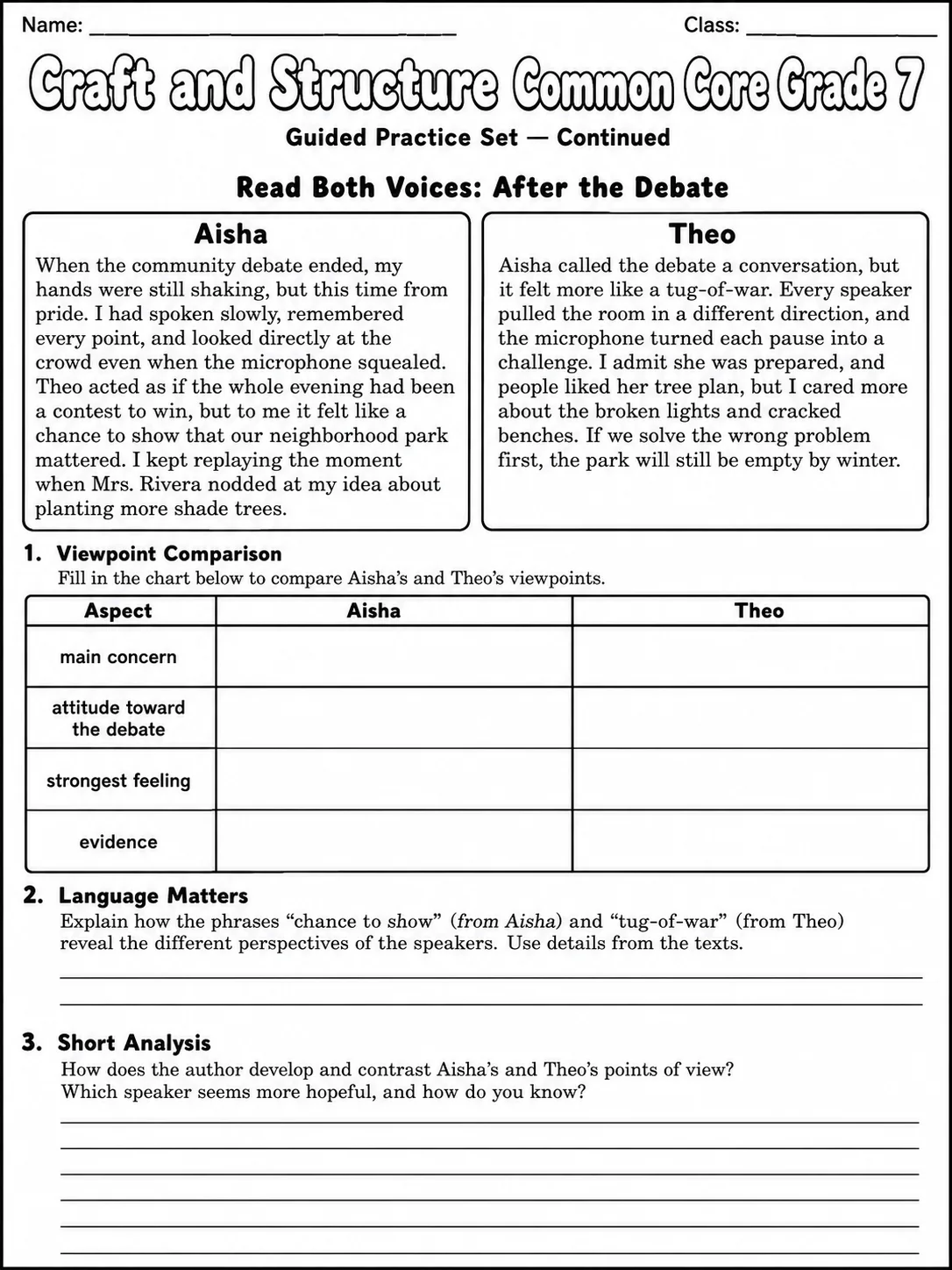 Craft and Structure Common Core Grade 7 page 6 printable Common Core ELA worksheet preview