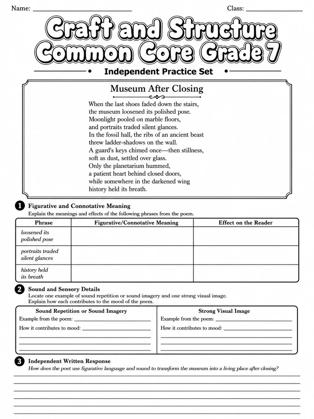 Craft and Structure Common Core Grade 7 page 7 printable Common Core ELA worksheet preview