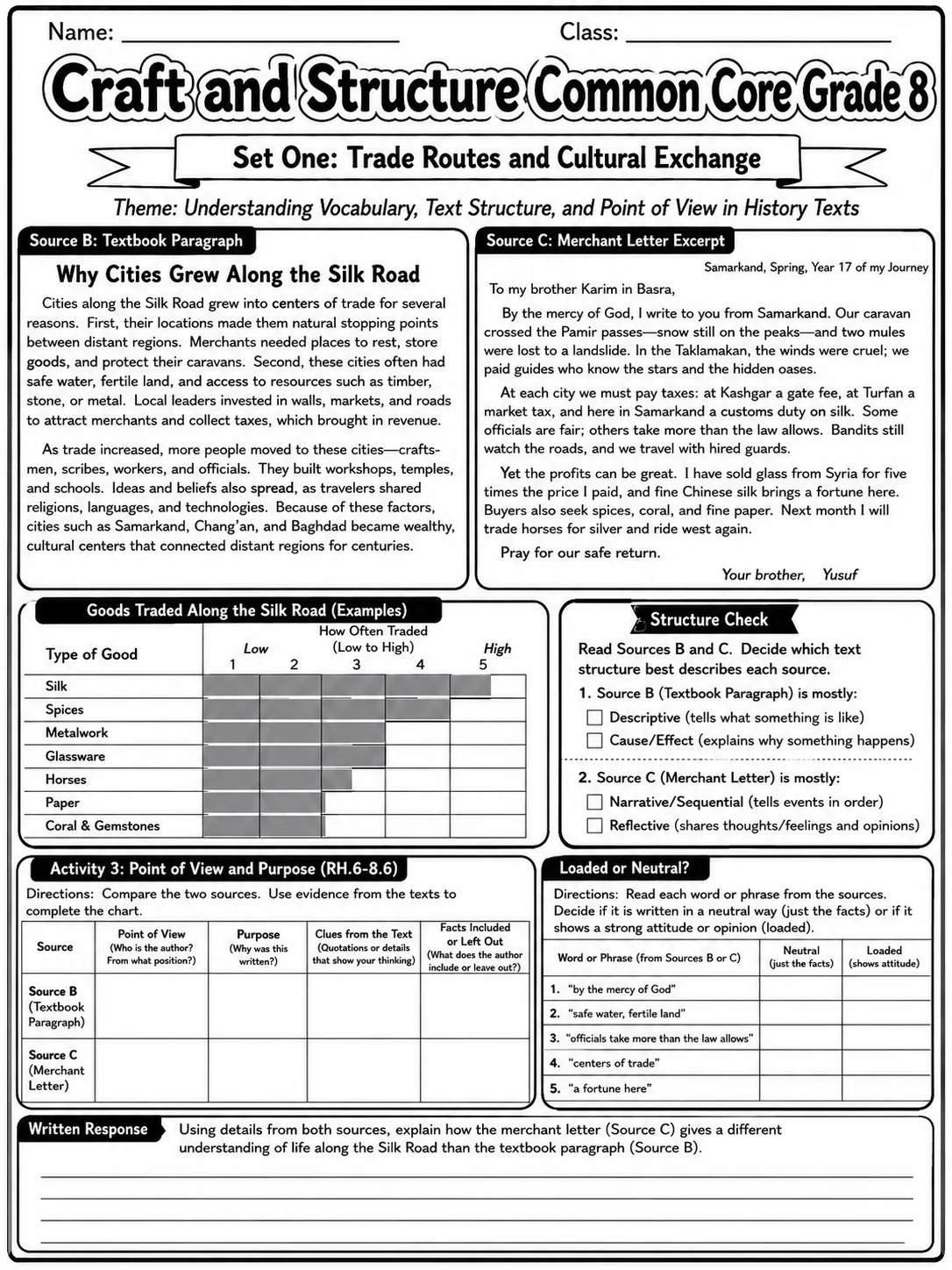 Craft and Structure Common Core Grade 8 page 2 printable Common Core ELA worksheet preview