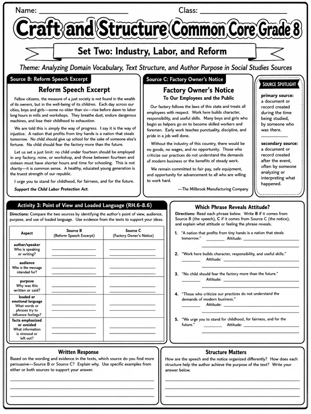 Craft and Structure Common Core Grade 8 page 5 printable Common Core ELA worksheet preview