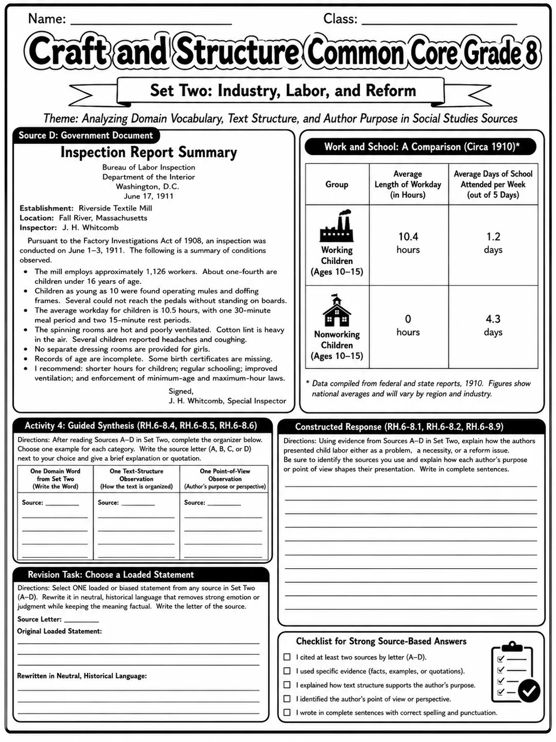 Craft and Structure Common Core Grade 8 page 6 printable Common Core ELA worksheet preview