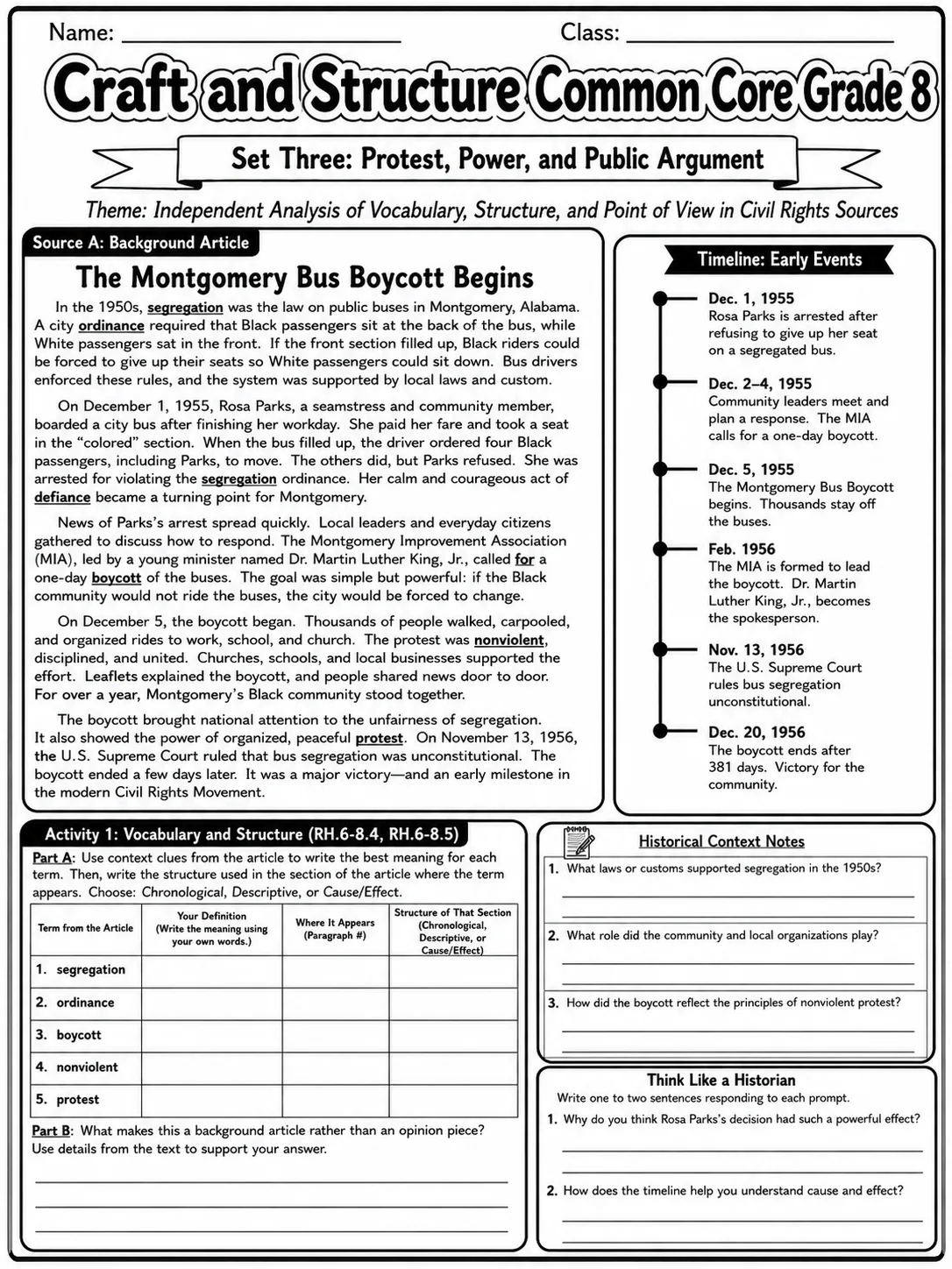 Craft and Structure Common Core Grade 8 page 7 printable Common Core ELA worksheet preview