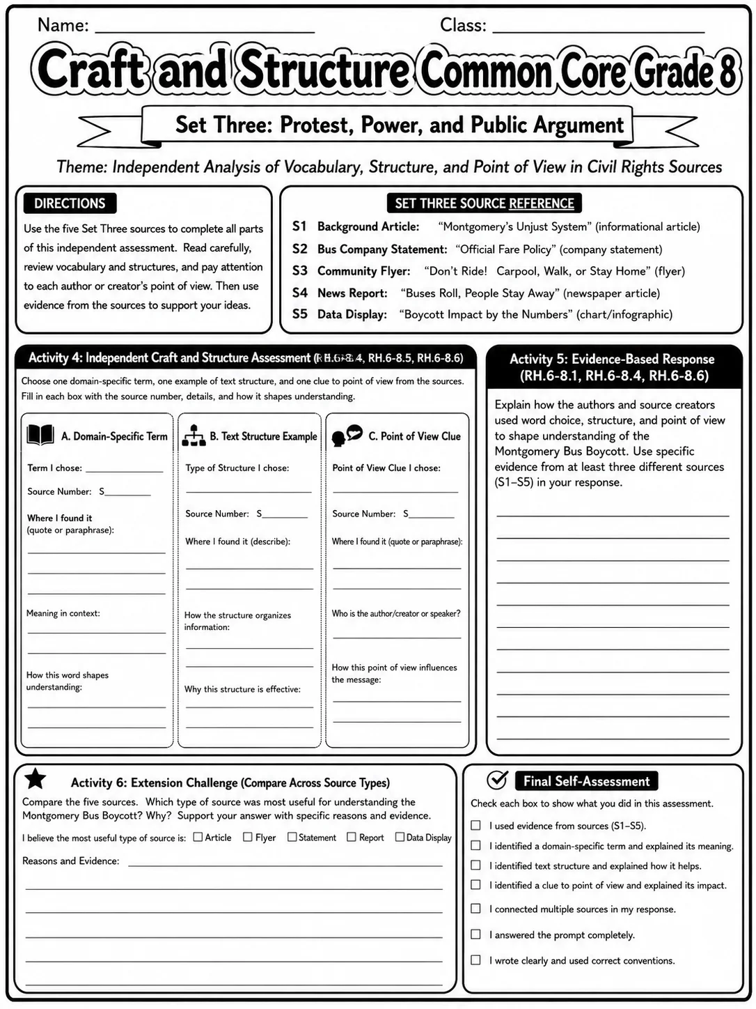 Craft and Structure Common Core Grade 8 page 10 printable Common Core ELA worksheet preview