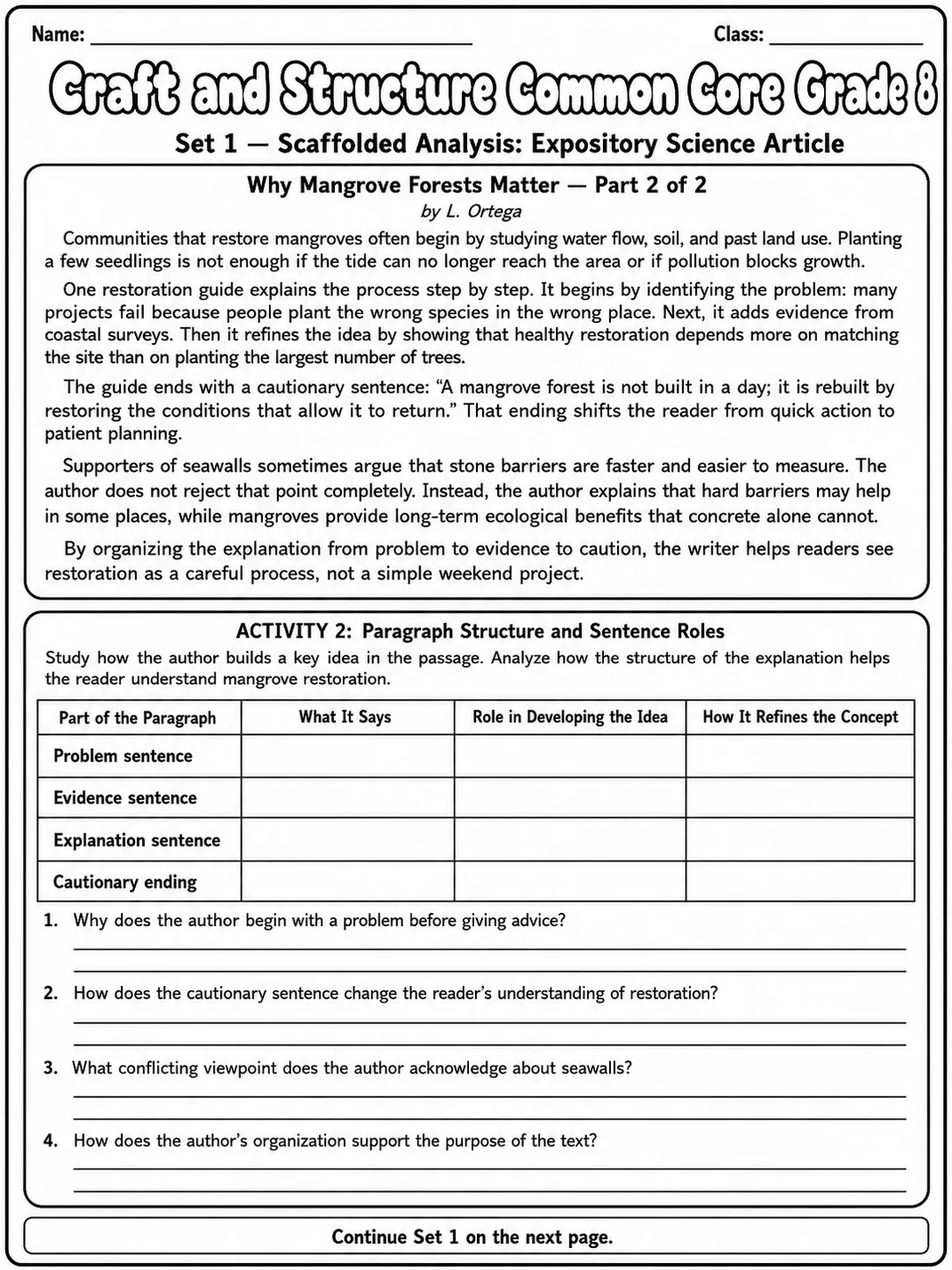Craft and Structure Common Core Grade 8 page 2 printable Common Core ELA worksheet preview