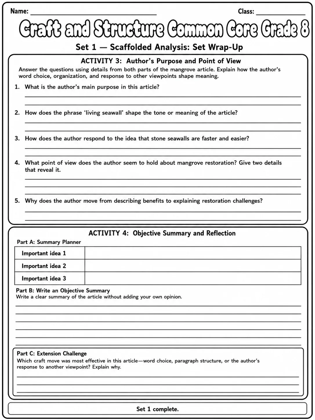 Craft and Structure Common Core Grade 8 page 3 printable Common Core ELA worksheet preview