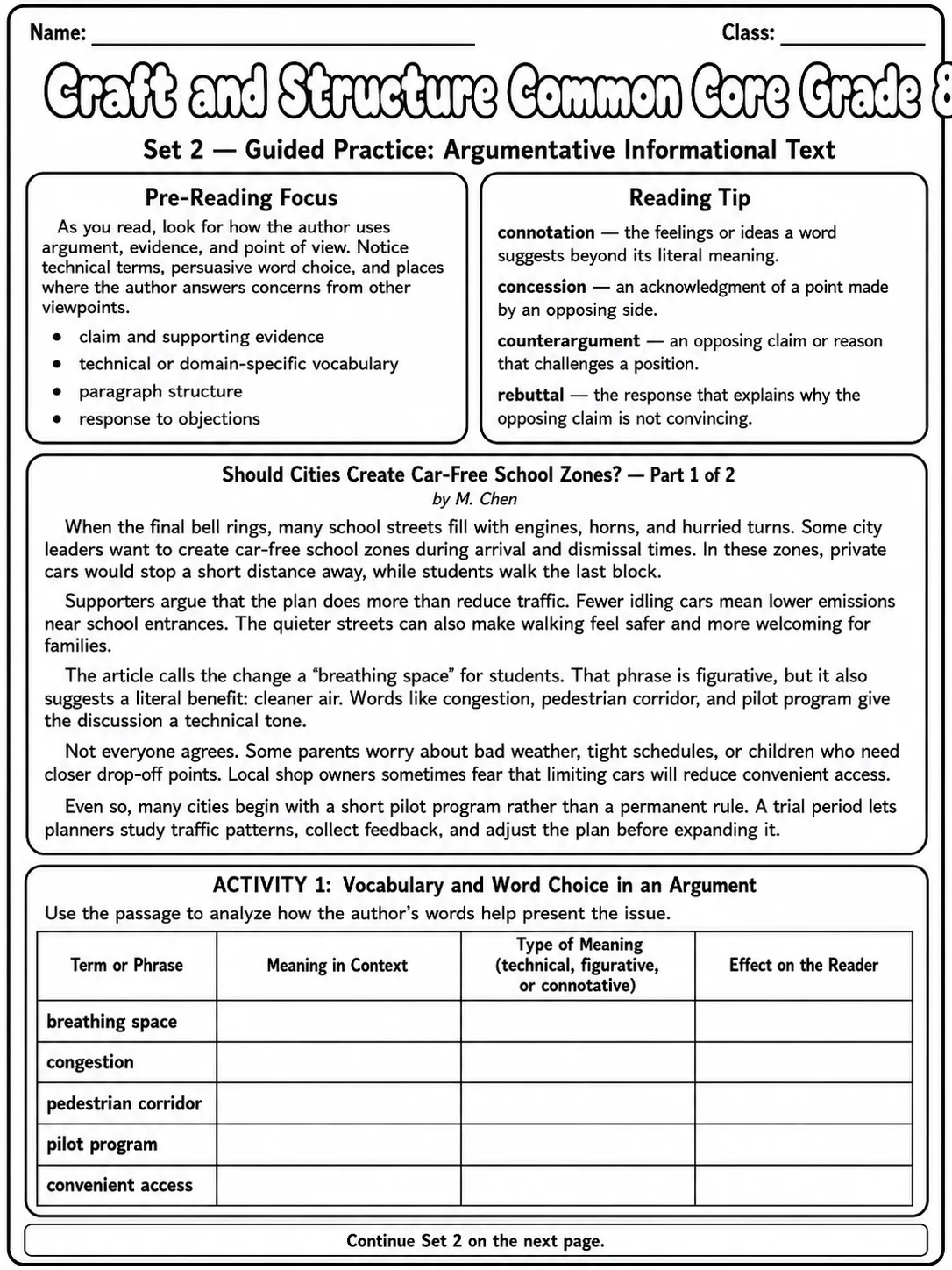 Craft and Structure Common Core Grade 8 page 4 printable Common Core ELA worksheet preview