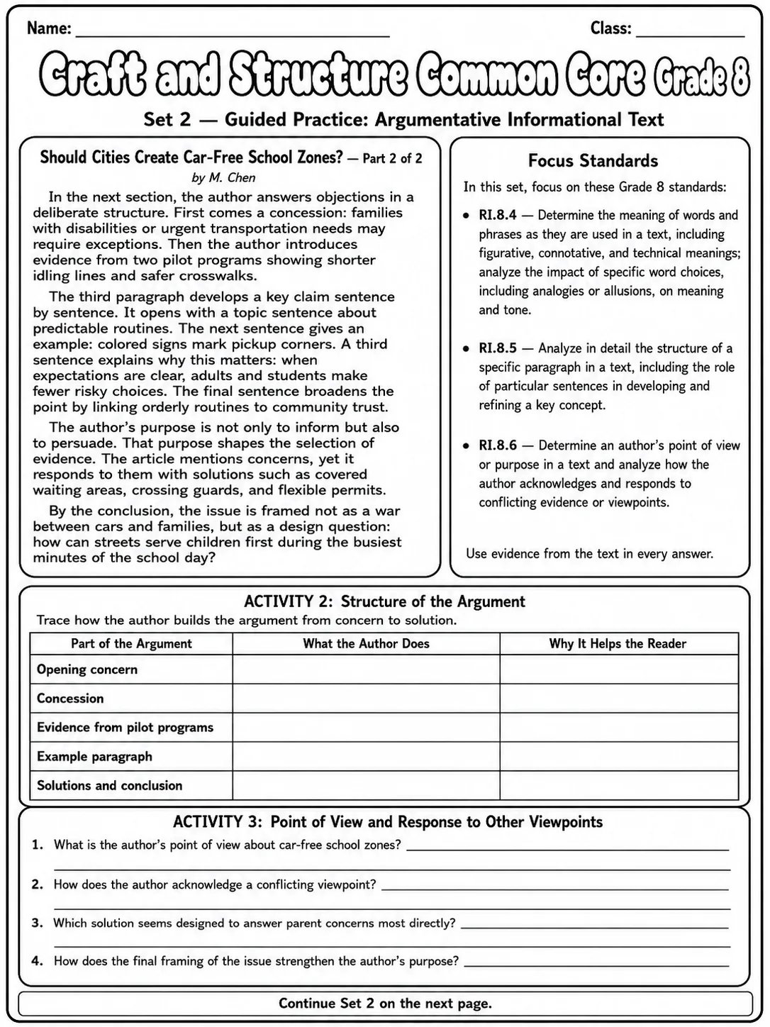 Craft and Structure Common Core Grade 8 page 5 printable Common Core ELA worksheet preview