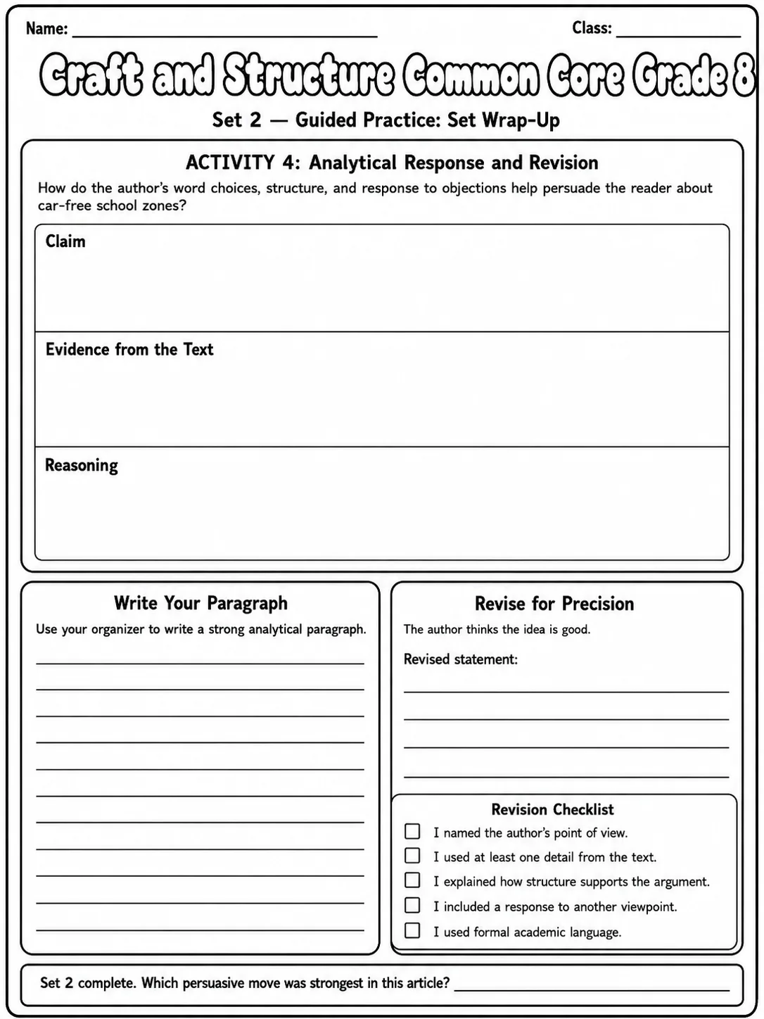 Craft and Structure Common Core Grade 8 page 6 printable Common Core ELA worksheet preview