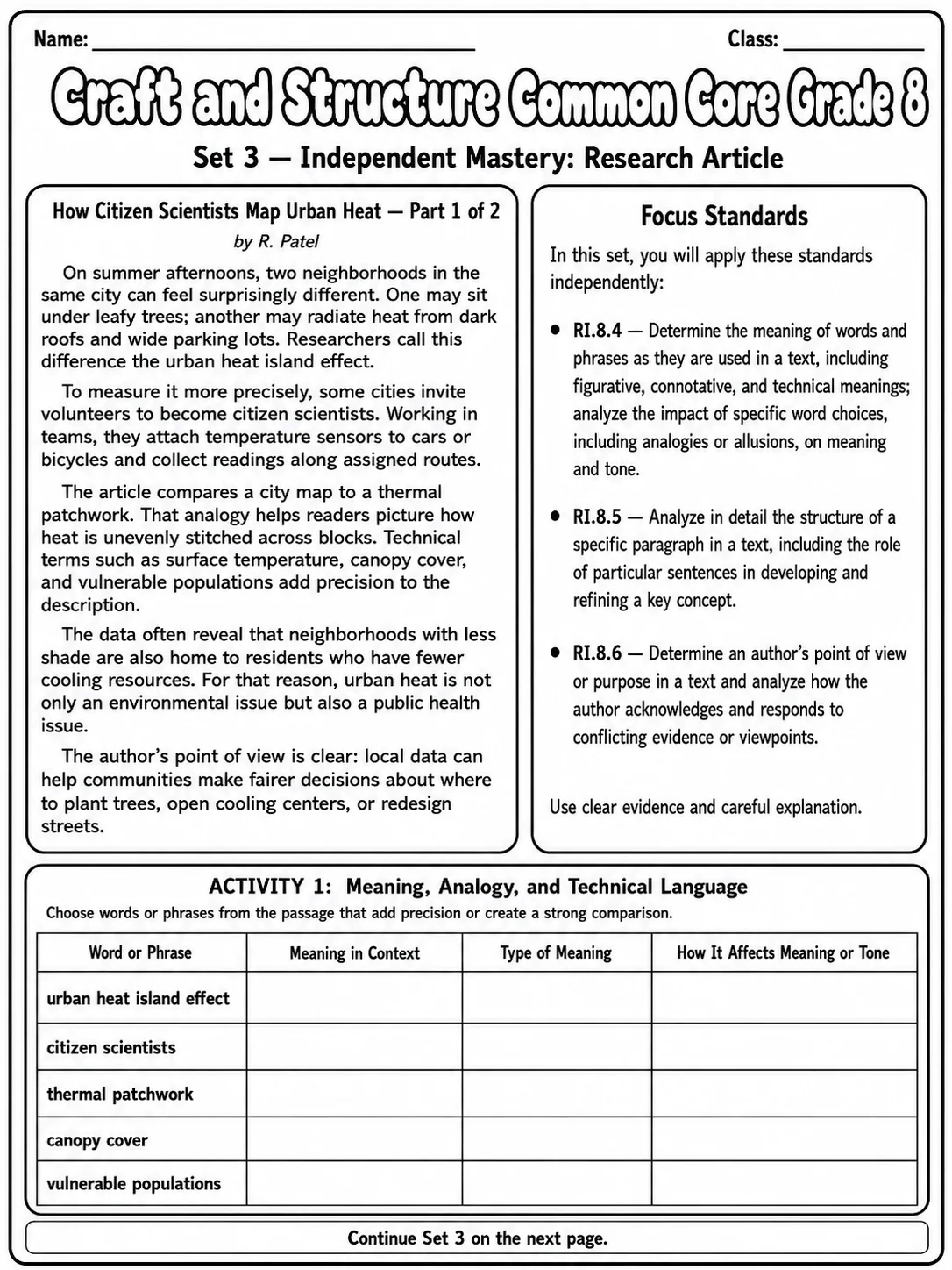 Craft and Structure Common Core Grade 8 page 7 printable Common Core ELA worksheet preview