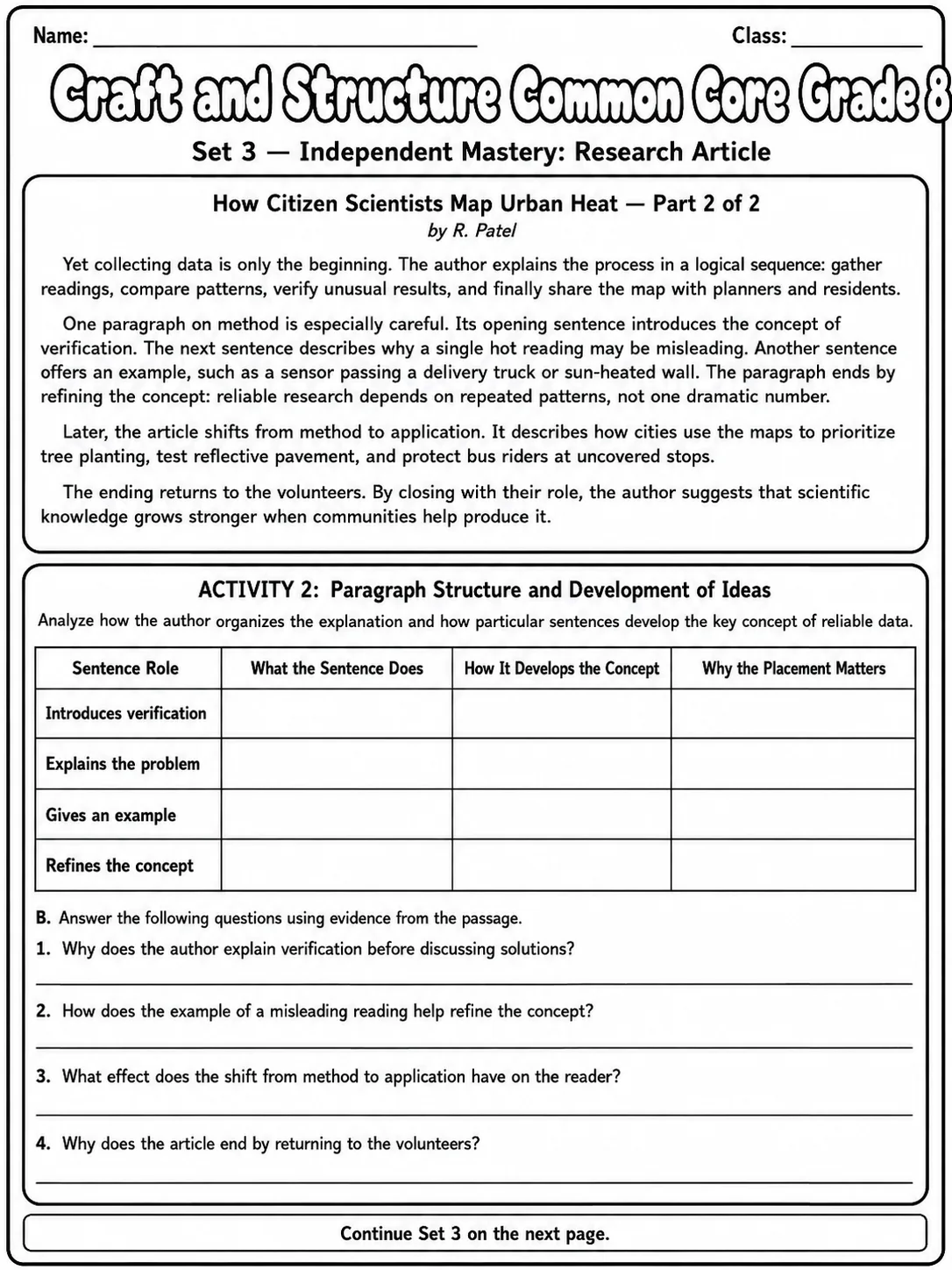 Craft and Structure Common Core Grade 8 page 8 printable Common Core ELA worksheet preview