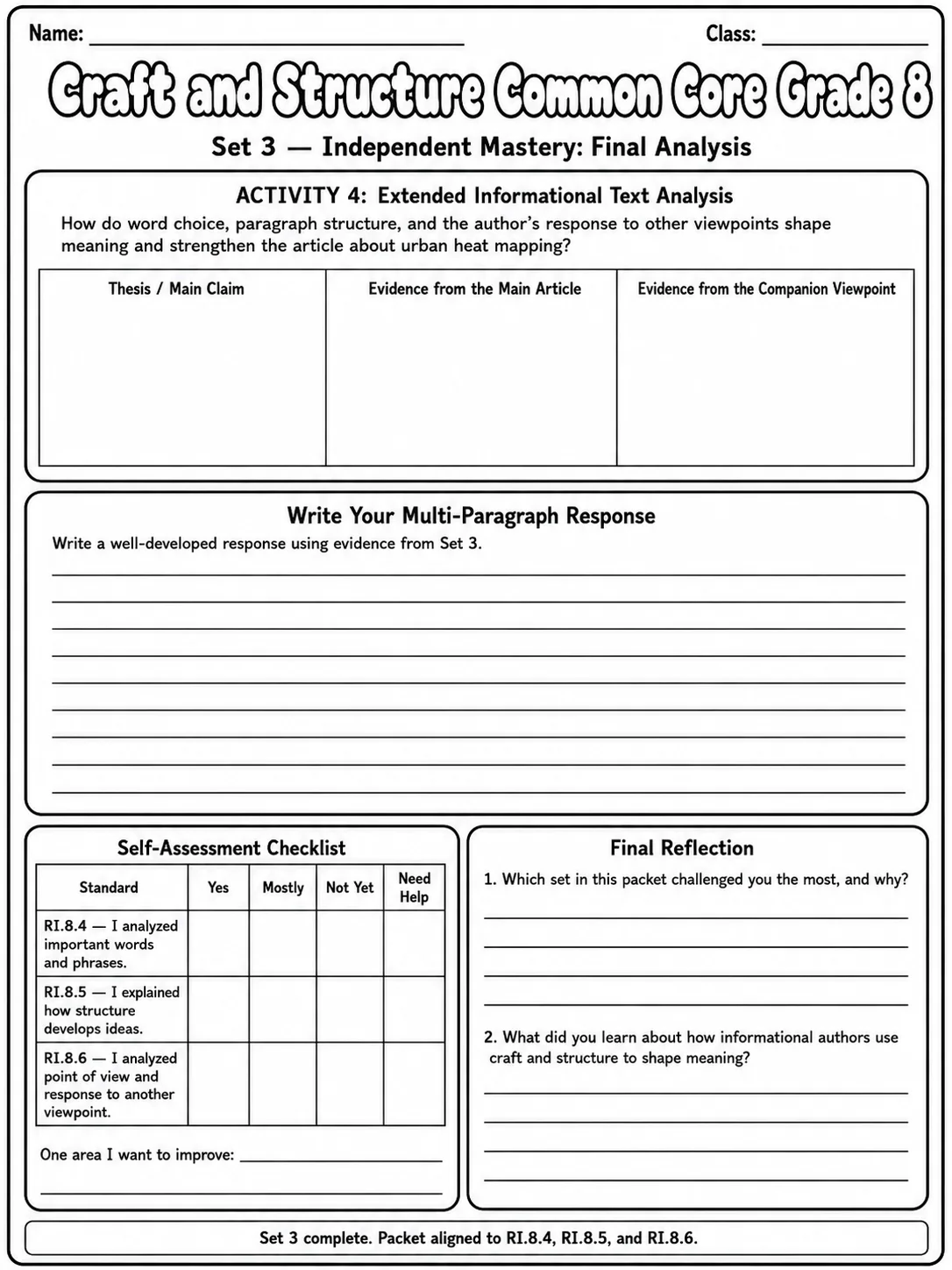 Craft and Structure Common Core Grade 8 page 10 printable Common Core ELA worksheet preview