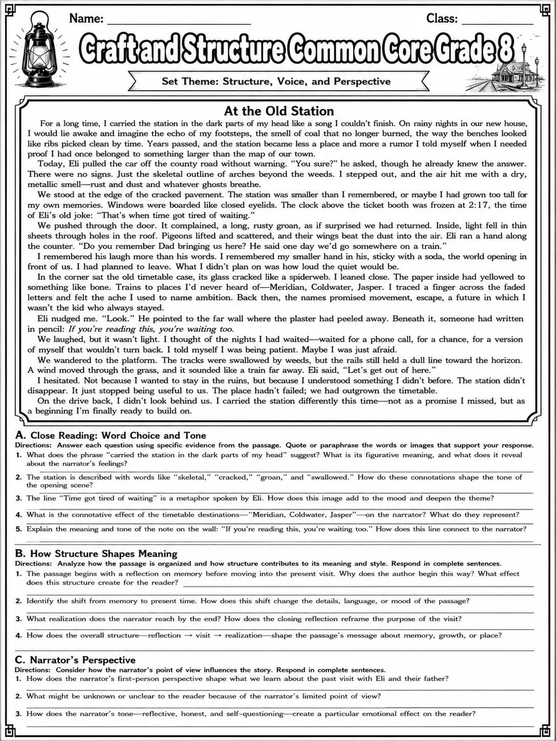 Craft and Structure Common Core Grade 8 page 7 printable Common Core ELA worksheet preview