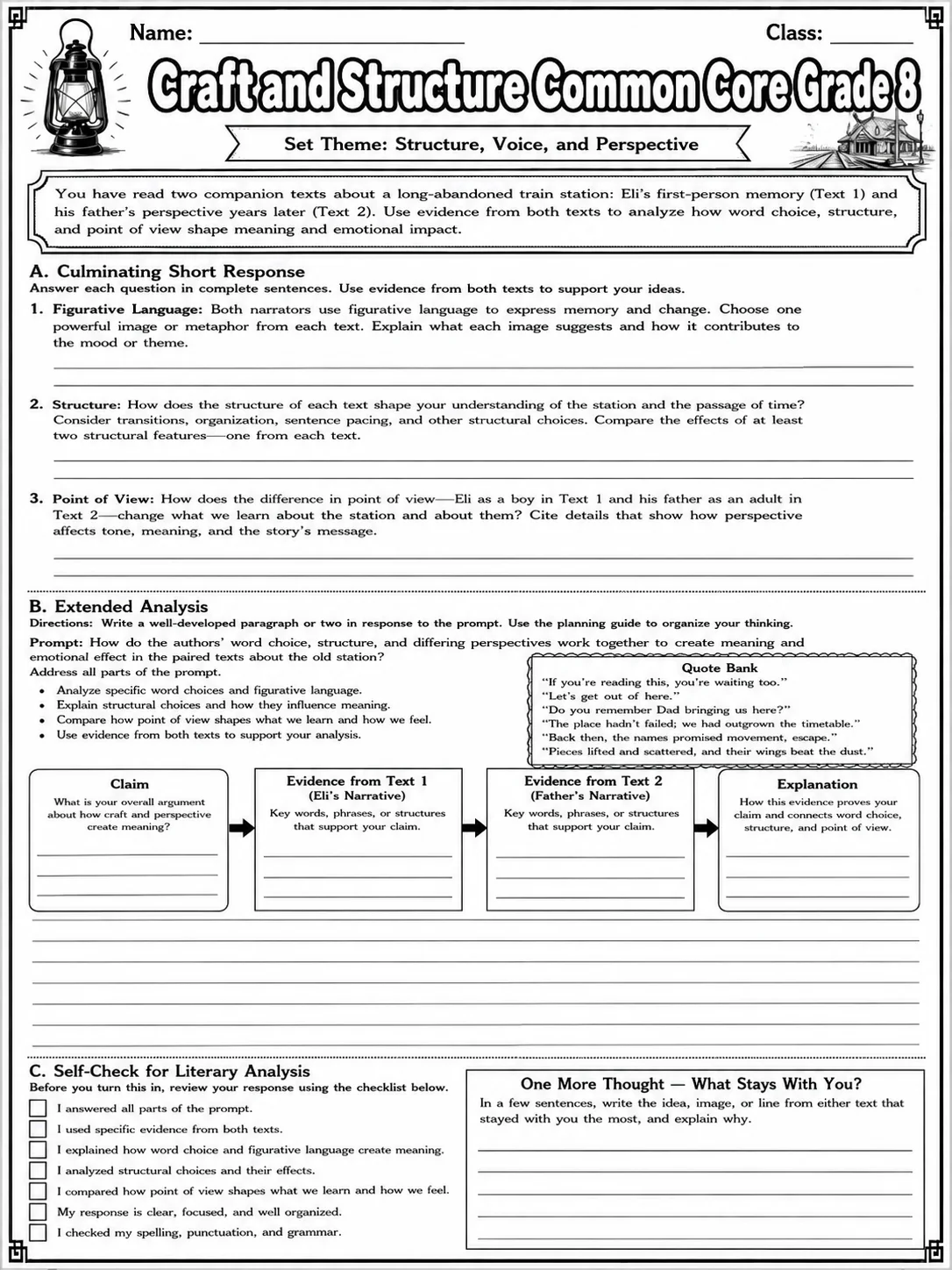 Craft and Structure Common Core Grade 8 page 10 printable Common Core ELA worksheet preview