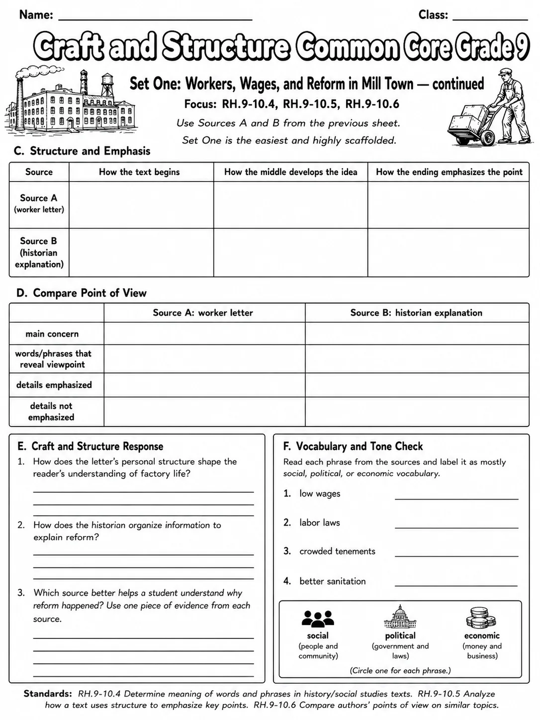 Craft and Structure Common Core Grade 9 page 2 printable Common Core ELA worksheet preview