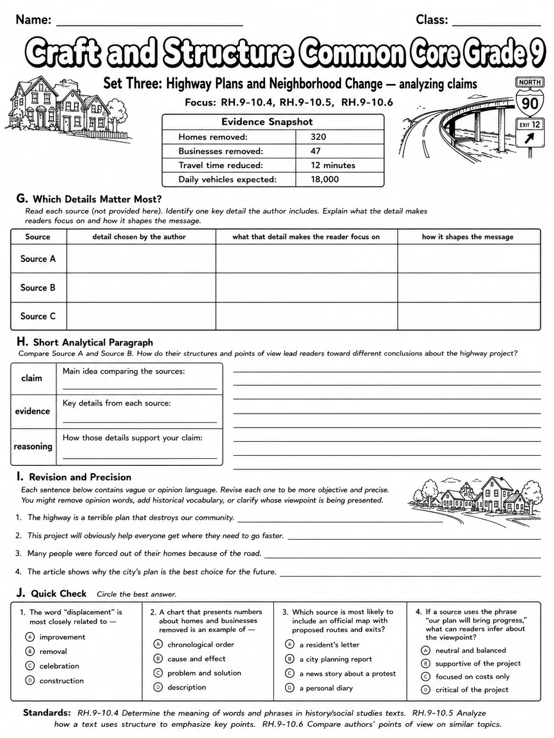 Craft and Structure Common Core Grade 9 page 9 printable Common Core ELA worksheet preview