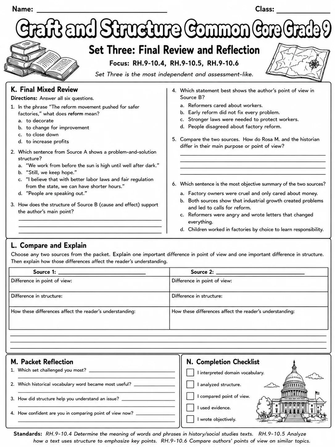 Craft and Structure Common Core Grade 9 page 10 printable Common Core ELA worksheet preview