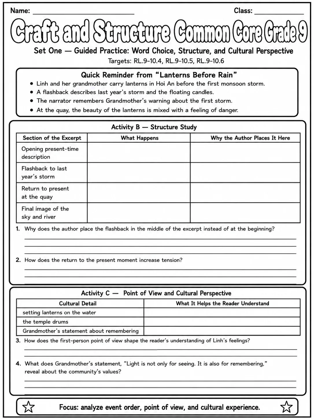 Craft and Structure Common Core Grade 9 page 2 printable Common Core ELA worksheet preview