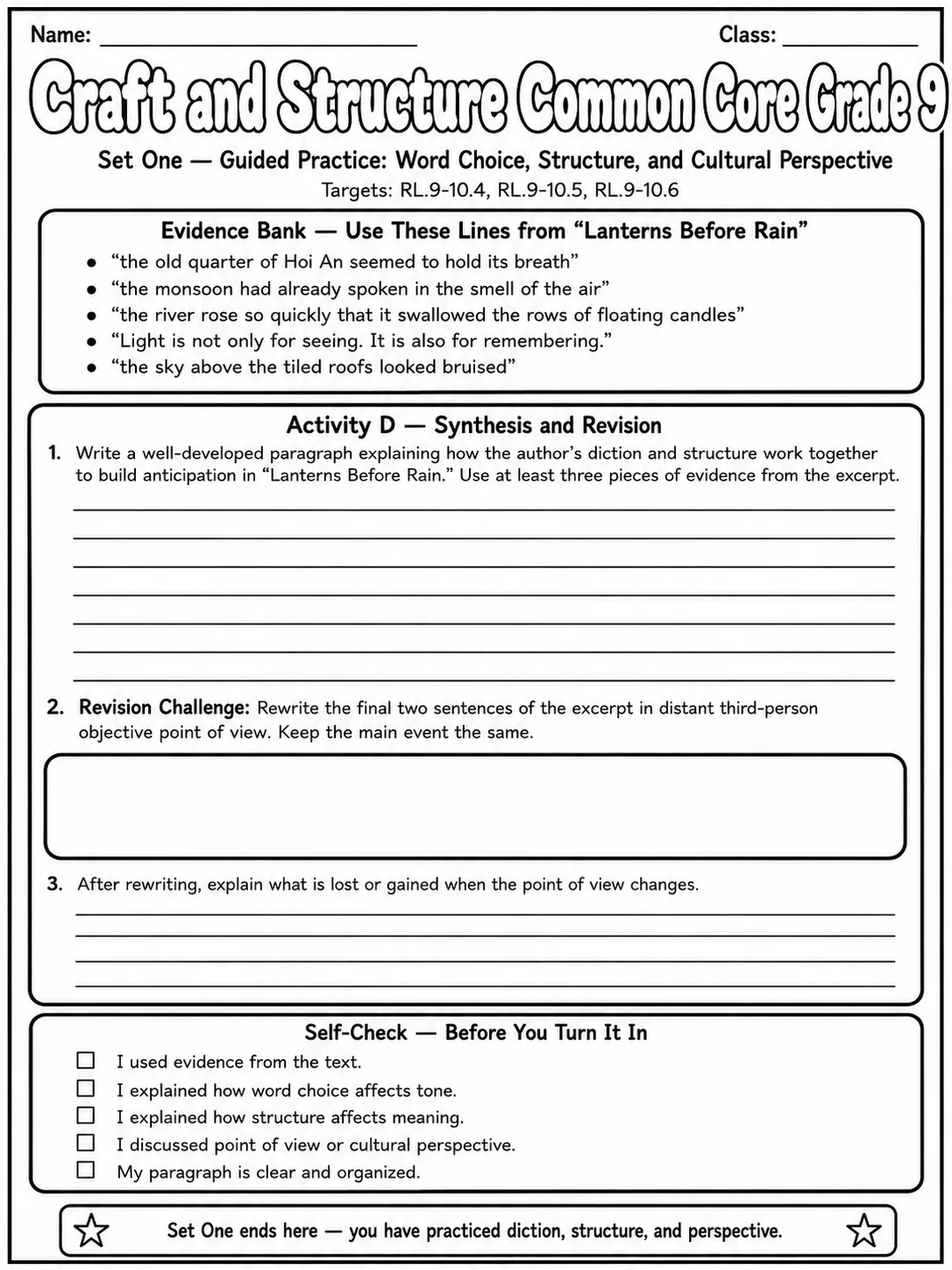 Craft and Structure Common Core Grade 9 page 3 printable Common Core ELA worksheet preview