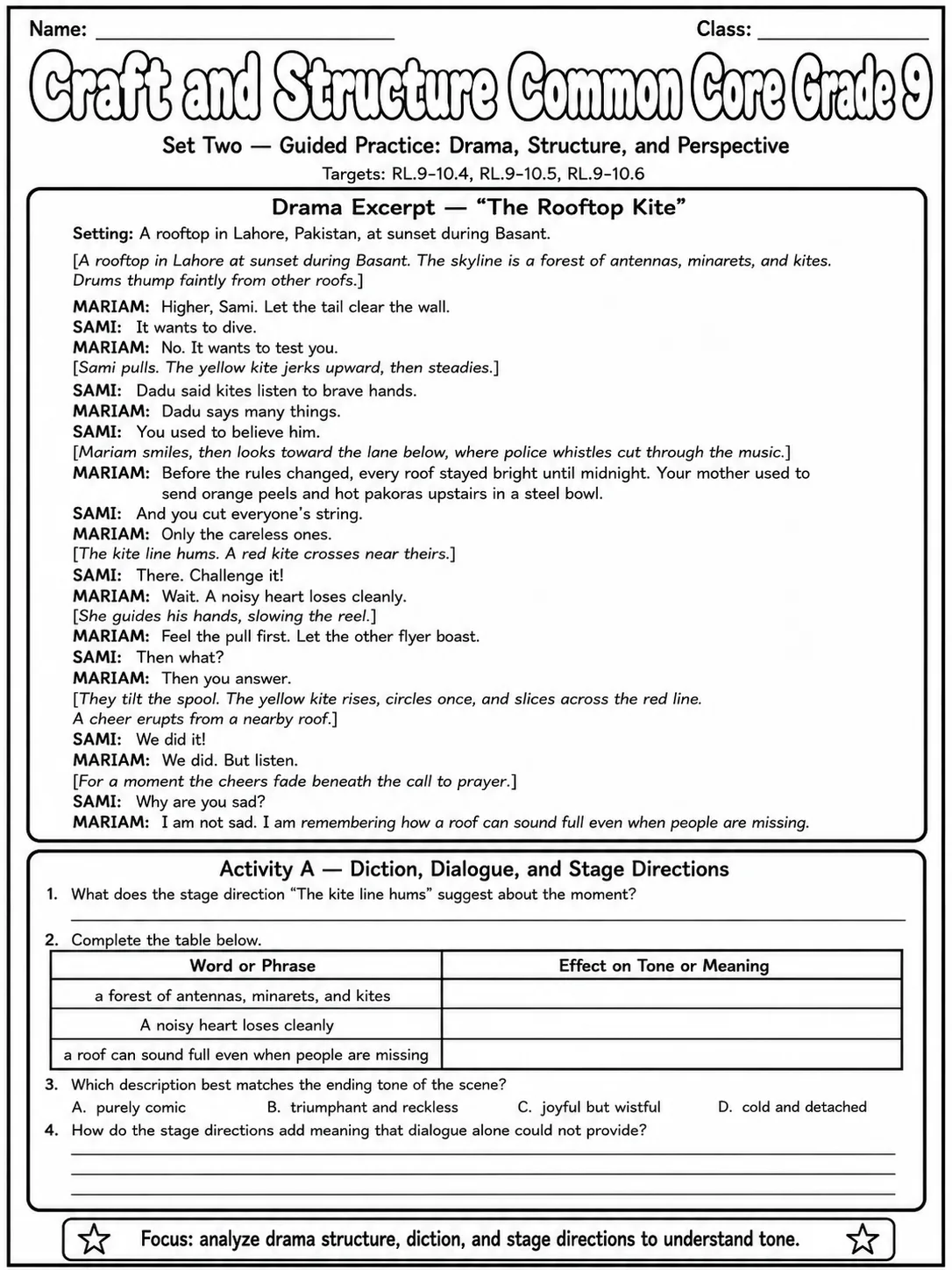 Craft and Structure Common Core Grade 9 page 4 printable Common Core ELA worksheet preview