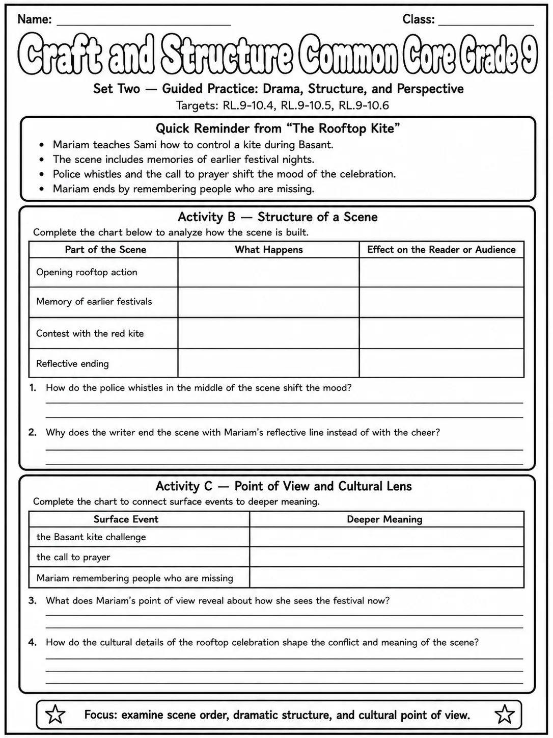 Craft and Structure Common Core Grade 9 page 5 printable Common Core ELA worksheet preview