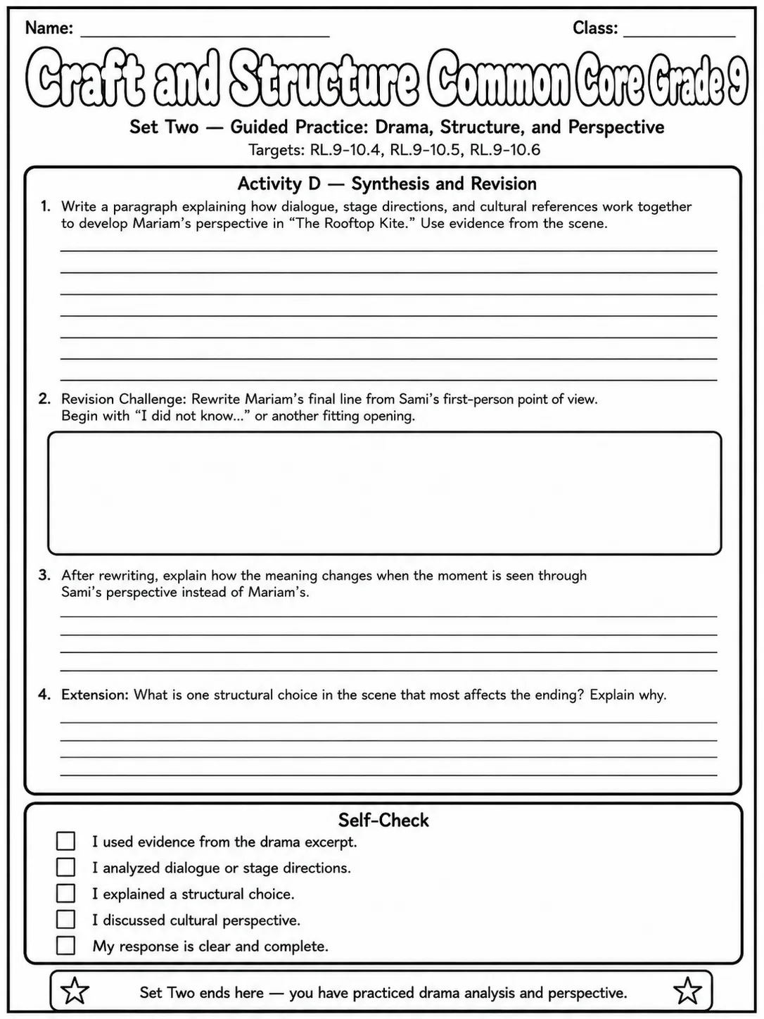 Craft and Structure Common Core Grade 9 page 6 printable Common Core ELA worksheet preview